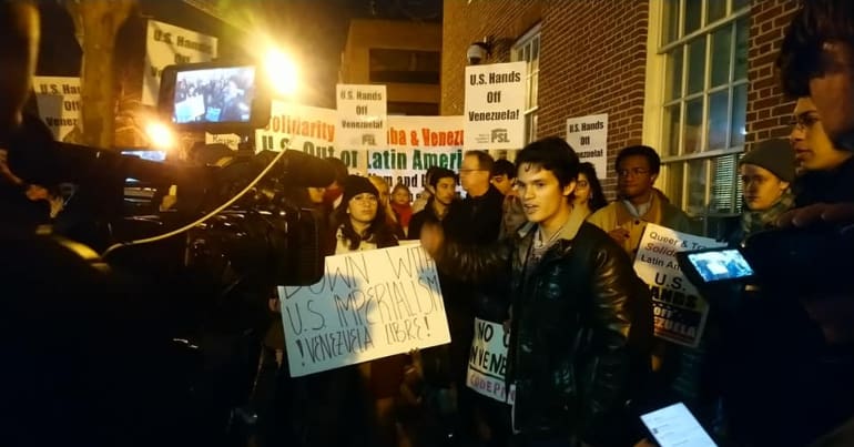 Protesters outside the Venezuelan Embassy in Washington, DC.