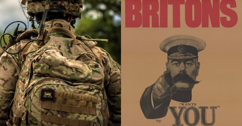 Back of soldier and WW1 recruitment poster