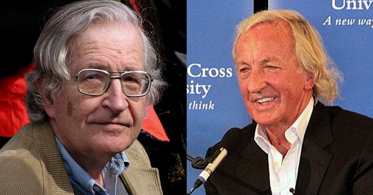 Noam Chomsky, left; John Pilger, right