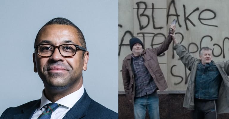 James Cleverly and screengrabs of I, Daniel Blake