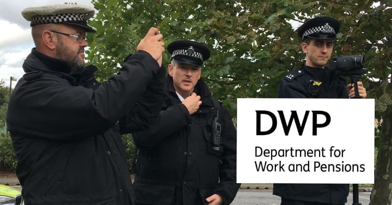 Police with cameras and the DWP logo