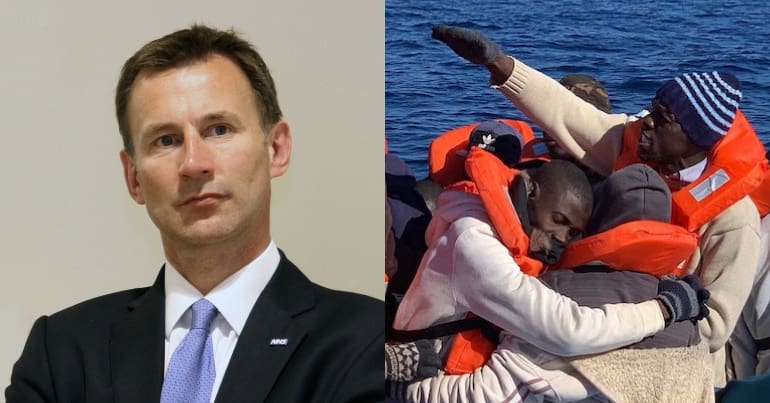 Jeremy Hunt and refugees on board a dingy