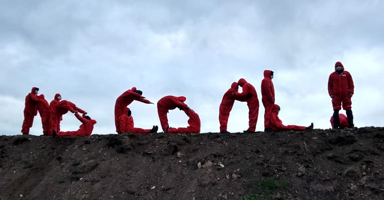 Activists at Bradley mine use their bodies to spell out "no coal!"
