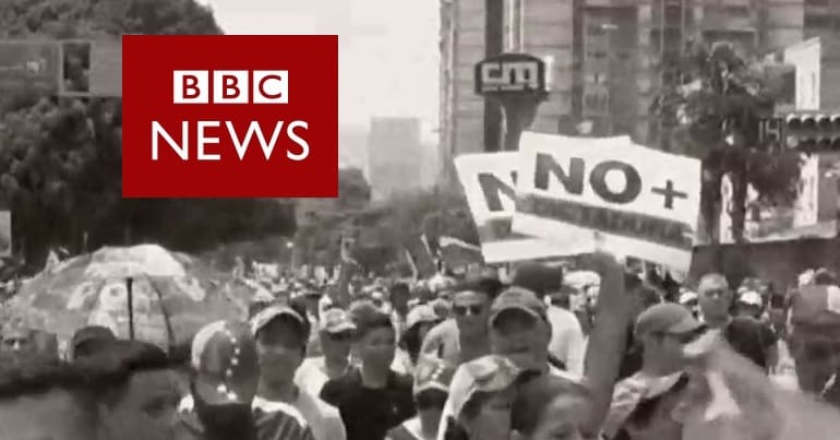 Venezuelan people protesting and the BBC logo