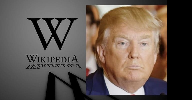 Wikipedia logo and Trump