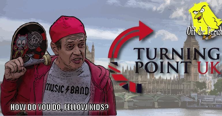 An old man dressed as a young person saying, "How do you do, fellow kids?"