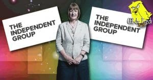 Joan Ryan MP in front of the Independent Group logo