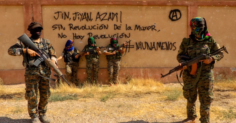 'Women, Life, Freedom!': Female Fighters from the International Freedom Battalion and the Women's Protection Units (YPJ) send a feminist message from Raqqa.