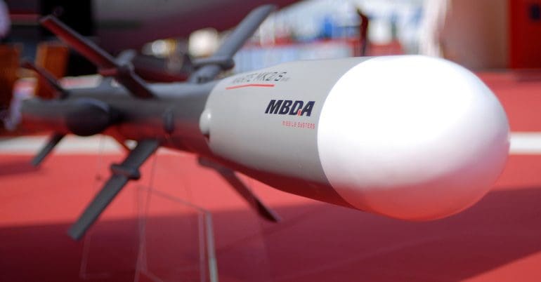 Missile exhibit at an arms fair