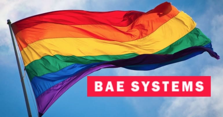 Pride flag with the BAE systems logo