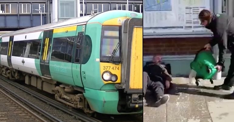 Southern Rail logo and train pictured next to a Southern member of staff pouring water on a homeless person