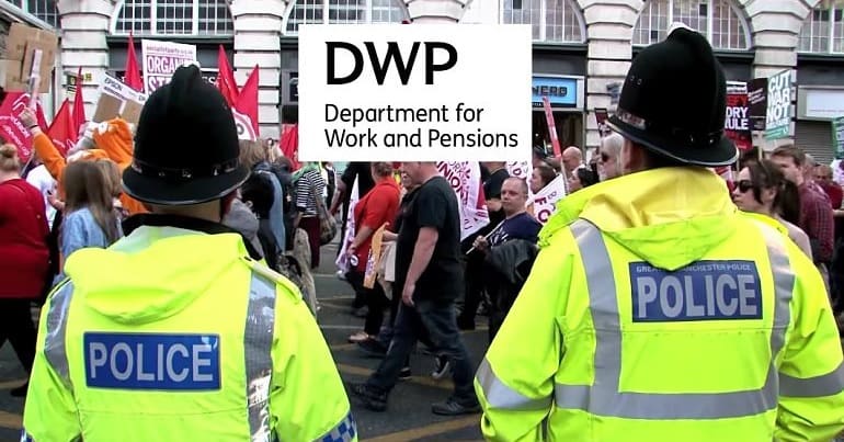 Greater Manchester Police watching protesters at the Conservative Party conference and the DWP logo