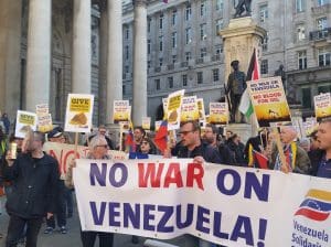 No War on Venezuela Banner and demo at Bank of England