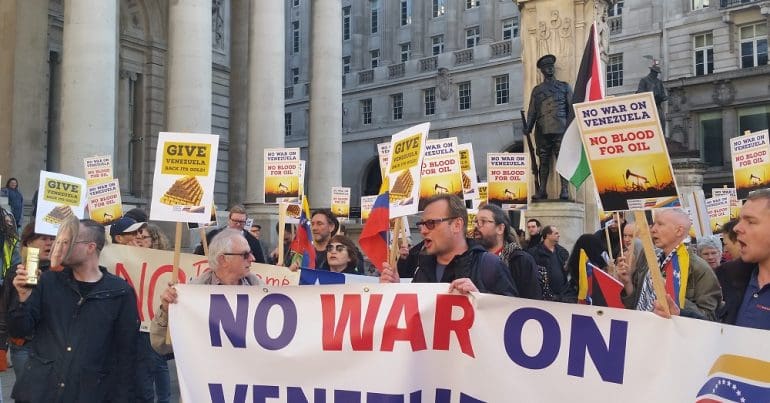 No War on Venezuela Banner and demo at Bank of England