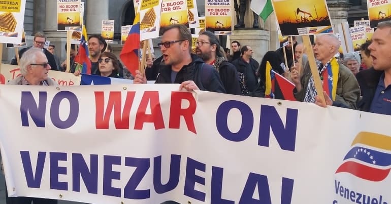 No War on Venezuela Banner and demo at Bank of England
