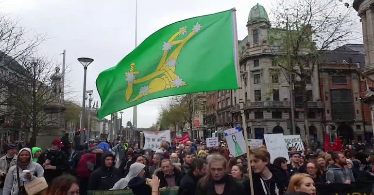 The Plough and the Stars Flag at a housing protest in Dublin in December 2018