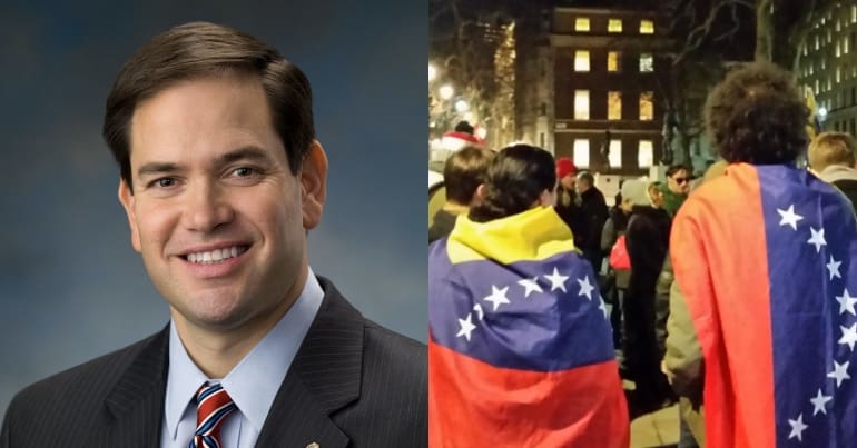 Marco Rubio and people wearing Venezuelan flags