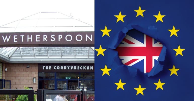 Weatherspoons pub and EU/Union Jack flags