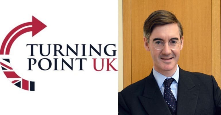 Turning Point UK logo and Jacob Rees-Mogg