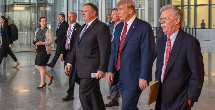 Bolton, Trump and Pompeo walking