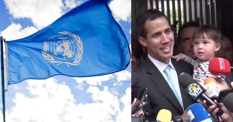 The UN flag and Juan Guaido.
