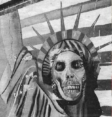 Statue of liberty skull and US flag with cracks