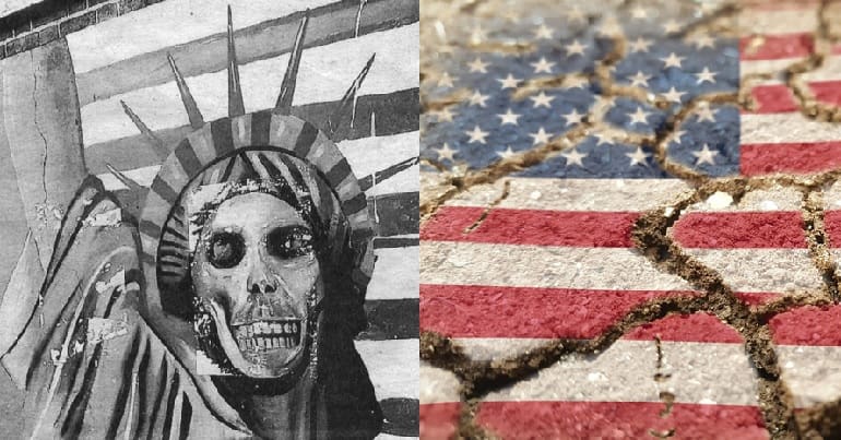 Statue of liberty skull and US flag with cracks