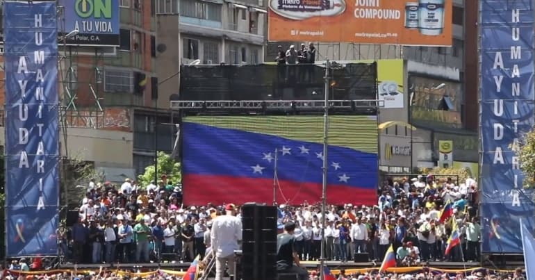 Venezuelan Opposition Demo - Stage with banners 770 X 403
