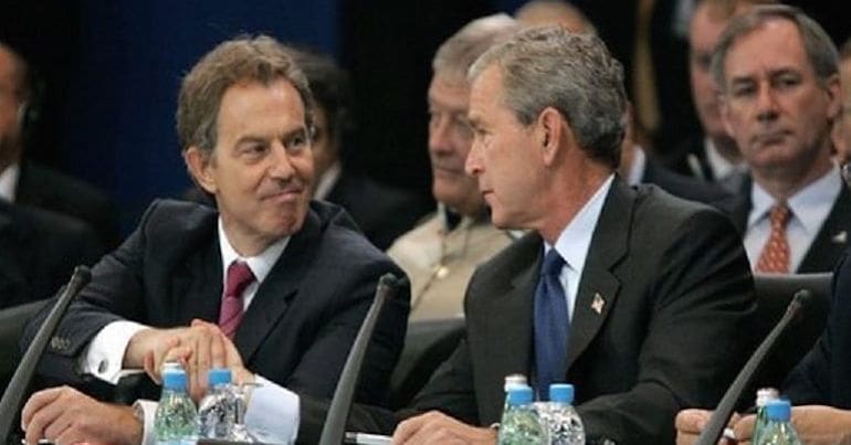Tony Blair, left; George Bush, right.