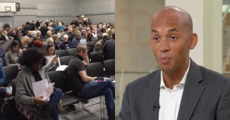 Crowds of Labour members in Streatham picture next to Labour MP Chuka Umunna