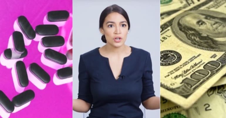 Alexandria Ocasio-Cortez pictured next to some pharmaceuticals and cash