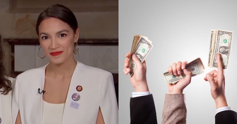 Ocasio-Cortez next to an image of hands holding up cash in the air