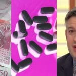 Labour's Jonathan Ashworth next to images of pharmaceutical drugs and British currency