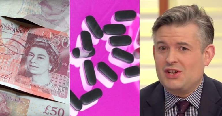 Labour's Jonathan Ashworth next to images of pharmaceutical drugs and British currency