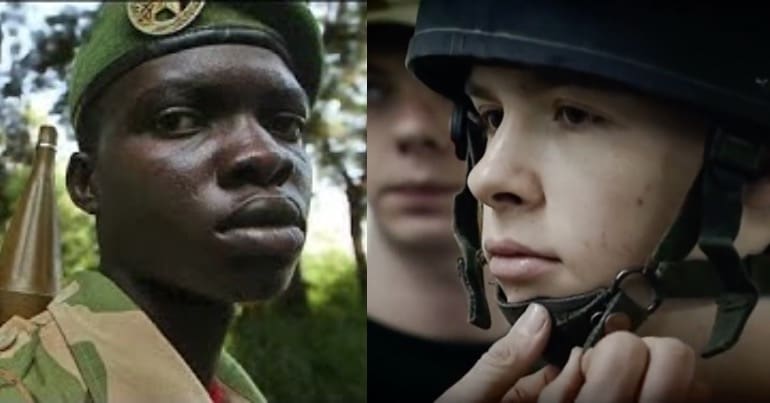 Young British soldier pictured next to a young soldier in the Congo