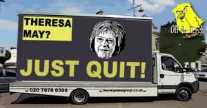 One of the racist 'go-home' vans repurposed to read 'Theresa May? Just Quit!'