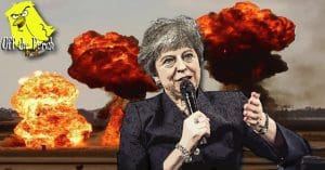 Theresa May in front of several explosions