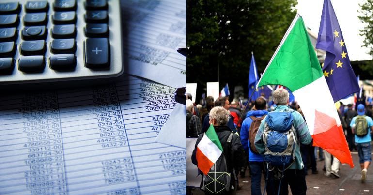Photo of a list of figures in an accounts book alongside a photo of anti-Brexit protestors holding Irish and EU flags