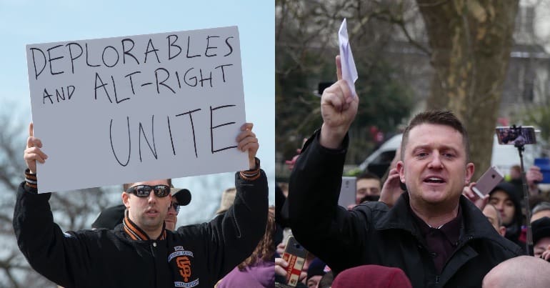 A picture of a Trump supporter holding a banner and Stephen Yaxley-Lennon, aka Tommy Robinson