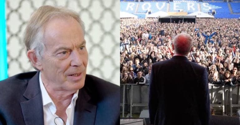 Tony Blair and Jeremy Corbyn standing in front of a crowd