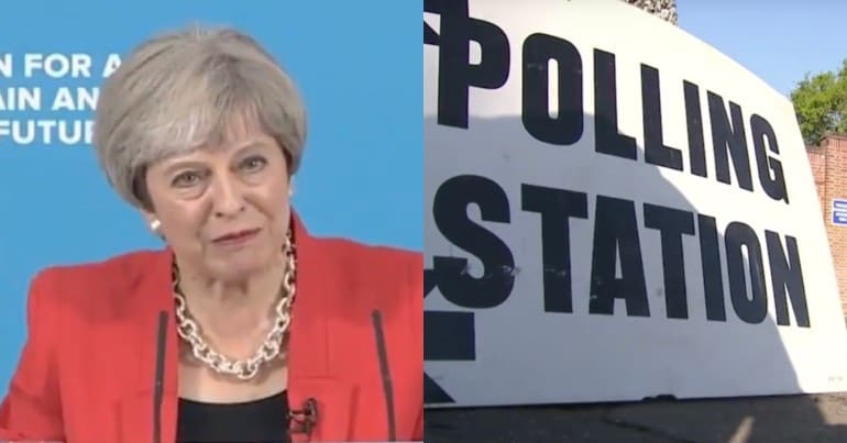Theresa May next to a polling station sign