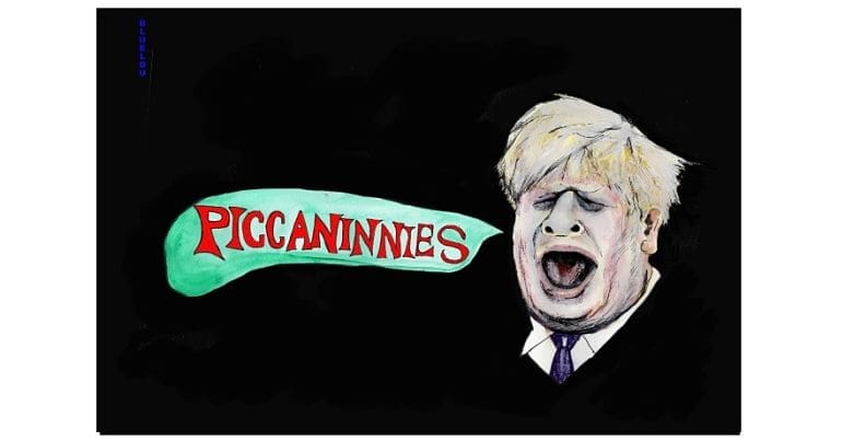 Boris Johnson with speech bubble saying 'piccaninnies'