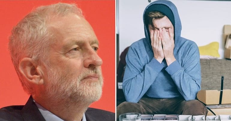 Jeremy Corbyn and a man with head in hands