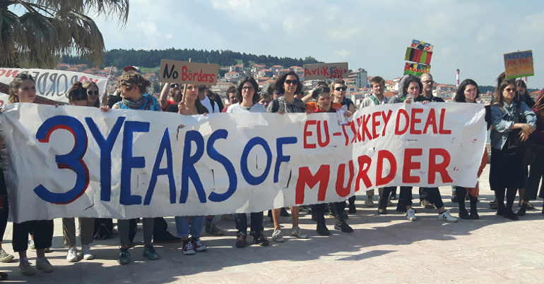 Activists protest the EU-Turkey deal in Lesvos