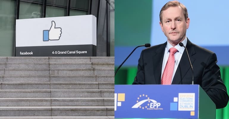 A picture of the Facebook HQ in Dublin alongside a photo of former Irish prime minister Enda Kenny