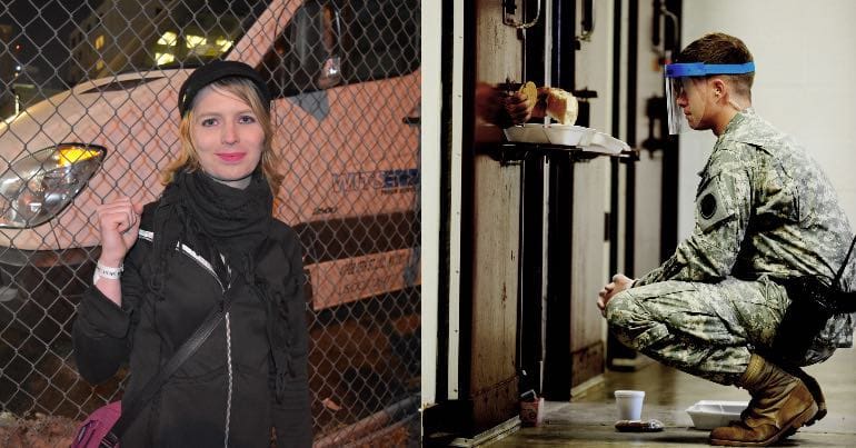 Chelsea Manning and a guard giving food to a prisoner in solitary confinement.