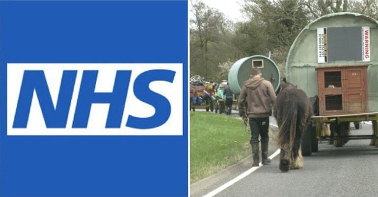 NHS logo and horse drawn travellers