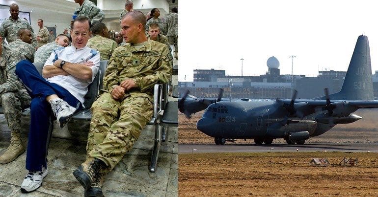 A picture of US soldiers in Shannon airport Ireland and a US military transport aircraft on the runway at Shannon airport