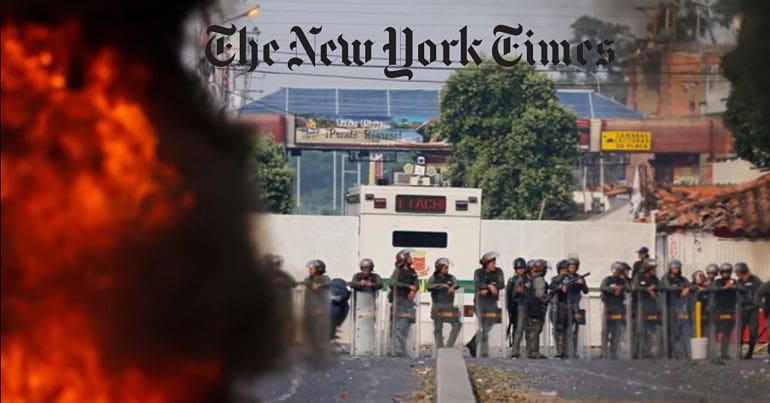 Venezuela bridge scene; NY Times logo