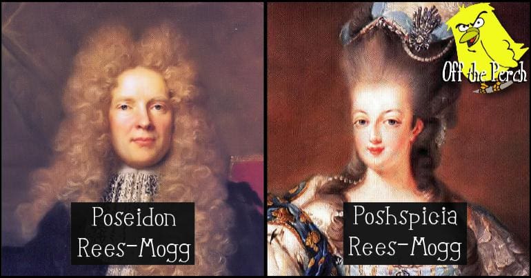 Classical portraits of a lord and lady labelled 'Poseidon Rees-Mogg' and 'Poshspicia Rees-Mogg'